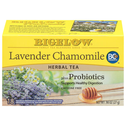 Bigelow Lavender Chamomile Herbal Tea box with honey dipper and lavender flowers on a white background