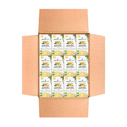 An open cardboard box reveals neatly arranged boxes of Miracle Trees Organic Moringa Tea, Lemon & Chamomile, a superfood delight. The caffeine-free tea boxes feature elegant green and white designs adorned with images of Moringa leaves.