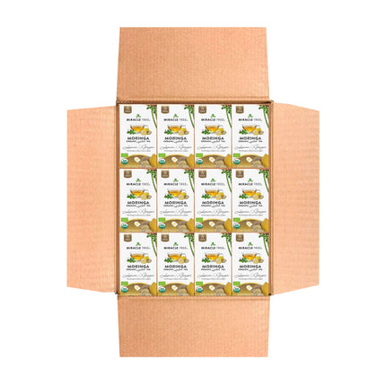 Open cardboard box containing 15 neatly arranged Miracle Tree Organic Moringa Tea, Lemon & Ginger boxes, designed in white with green and yellow accents. Each box features illustrations of moringa leaves and a small yellow bowl, highlighting this caffeine-free superfood.