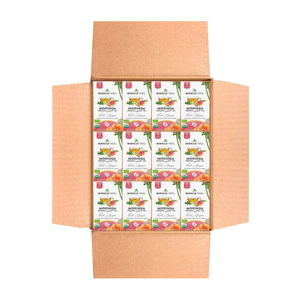 Open cardboard box with multiple packets of Miracle Tree Organic Moringa Tea, Peach & Ginger flavor. This caffeine-free superfood tea boosts energy and features colorful fruit illustrations on each packet.