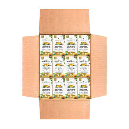 An open cardboard box reveals multiple neatly arranged boxes of Miracle Trees Organic Moringa Tea, Honey & Vanilla. The white, green, and gold accented boxes display Moringa Tea with illustrations of moringa leaves and lemon slices—a caffeine-free superfood delight.