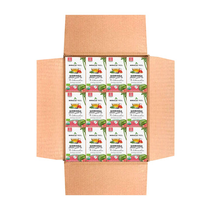 Open cardboard box with multiple packs of Organic Moringa Tea, Watermelon by Miracle Tree. The green, pink, and white packaging features moringa leaves and lemons. Enjoy this caffeine-free superfood tea for a refreshing experience.