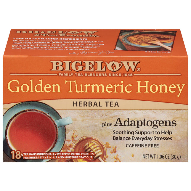 Bigelow Golden Turmeric Honey herbal tea box on a white background