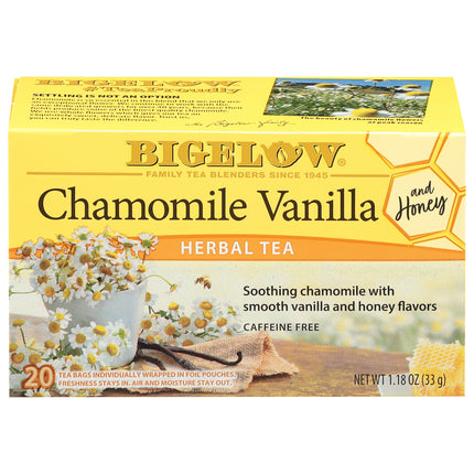 Bigelow Chamomile Vanilla Herbal Tea box with chamomile flowers and vanilla bean on a white background