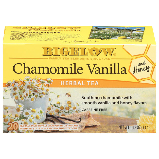 Bigelow Chamomile Vanilla Herbal Tea box with chamomile flowers and vanilla bean on a white background