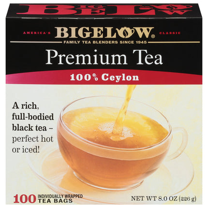 Front of Premium 100 percent Ceylon Tea box of 100 tea bags