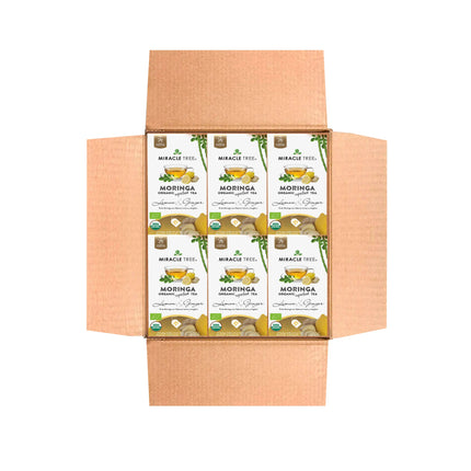 An open cardboard box reveals several packages of Miracle Tree Organic Moringa Tea, Lemon & Ginger. The white packaging features green text and moringa leaf, lemon, and ginger images, showcasing the superfoods natural benefits in a caffeine-free tea.