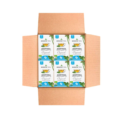 An open box displays six packages of Miracle Trees Organic Moringa Tea, Original. Each is elegantly designed with green leaves and blue accents, all perfectly arranged on a white background, enticing you to explore the superfood benefits within.
