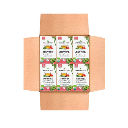 Open cardboard box with 12 neatly arranged packages of Miracle Tree Organic Moringa Tea, Watermelon flavor. The caffeine-free packaging displays vibrant images of moringa leaves and watermelon, with branding and text details clearly visible.