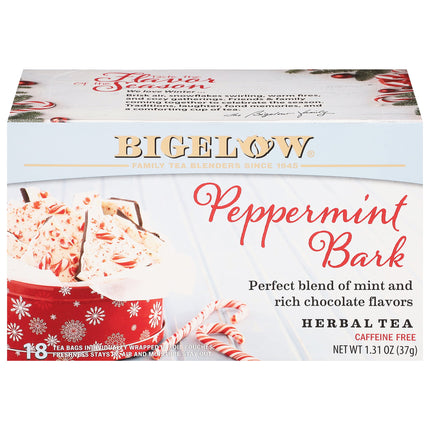 Front of Peppermint Bark Minty Chocolate Herbal Tea box