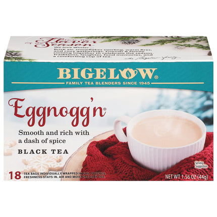 Bigelow Eggnoggin black tea box with a cup of tea on a red cloth
