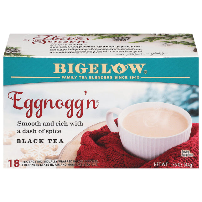 Bigelow Eggnoggin black tea box with a cup of tea on a red cloth