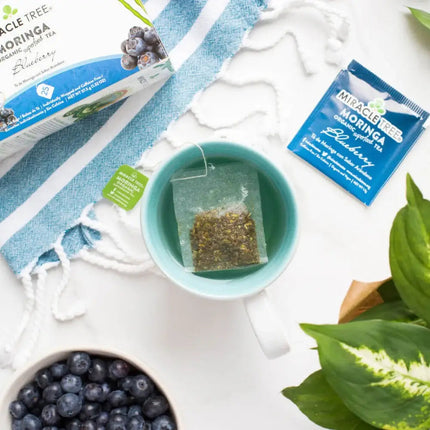 A blue cup and green tea bag sit next to blueberries and a Miracle Tree Organic Moringa Tea, Blueberry packet. This caffeine-free superfood tea is surrounded by a vibrant green plant.
