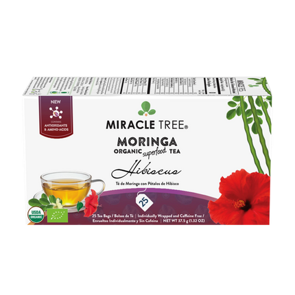 Miracle Trees Organic Moringa Tea, Hibiscus flavor, provides a nutrient-rich experience with caffeine-free tea bags. The box features a teacup and red hibiscus flower and showcases USDA Organic certification, containing 25 bags.