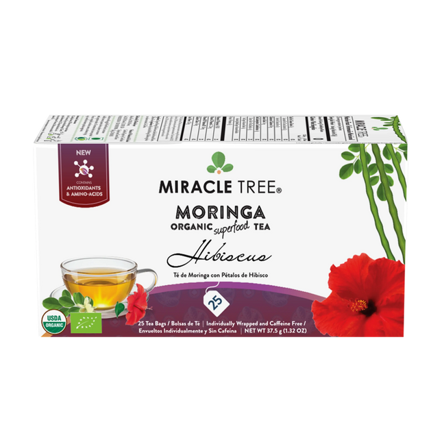 Miracle Trees Organic Moringa Tea, Hibiscus flavor, provides a nutrient-rich experience with caffeine-free tea bags. The box features a teacup and red hibiscus flower and showcases USDA Organic certification, containing 25 bags.