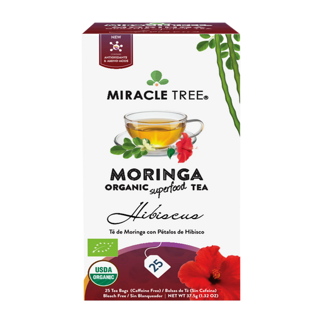 A box of Miracle Trees Organic Moringa Tea in Hibiscus flavor features a clear cup of nutrient-rich tea, a vibrant hibiscus flower, and organic certification logos. With 25 caffeine-free, antioxidant-rich bags, its the perfect superfood indulgence.