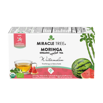 Miracle Trees Organic Moringa Tea, Watermelon features a green and white box with a teacup, watermelon slices, USDA organic, and eco-cert icons. This caffeine-free superfood offers antioxidants and amino acids in its 25 included tea bags.