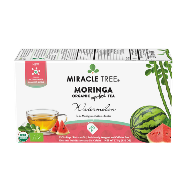 Miracle Trees Organic Moringa Tea, Watermelon features a green and white box with a teacup, watermelon slices, USDA organic, and eco-cert icons. This caffeine-free superfood offers antioxidants and amino acids in its 25 included tea bags.