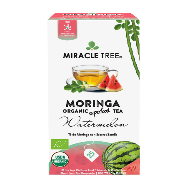 Miracle Trees Organic Moringa Tea in Watermelon flavor features a teacup with tea and watermelon slices. Enjoy this caffeine-free delight with 25 USDA Organic certified tea bags.