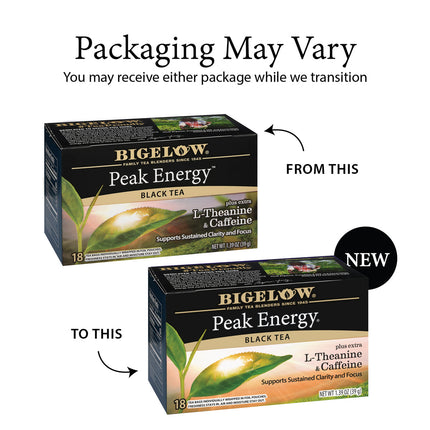 Two Bigelow Peak Energy Black Tea boxes with text indicating packaging variation.