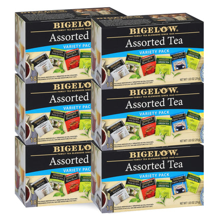Five boxes of Bigelow Assorted Tea Variety Pack on a white background