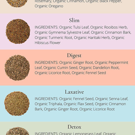 Organic Tea Sampler, 5 Caffeine-Free Wellness Herbal Blends