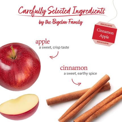 Red apple, cinnamon sticks, and Bigelow tea bag labeled 'Cinnamon Apple' on a white background.