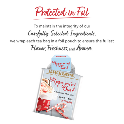 Protected in foil text with Bigelow Peppermint Bark tea packet